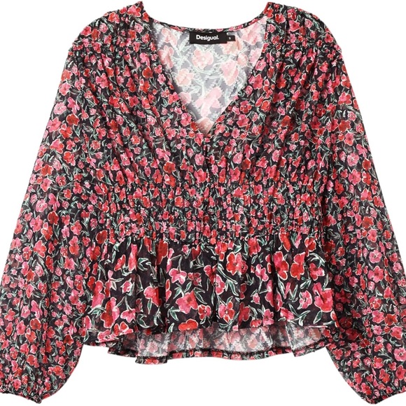 Desigual Hamburgo Floral Chiffon Top | Smocked Waist | M - Picture 5 of 14